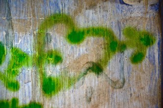 Lime green sprayed heart on house wall