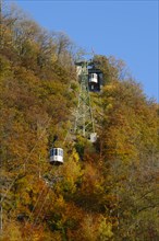 Cable car up the large castle hill in autumn