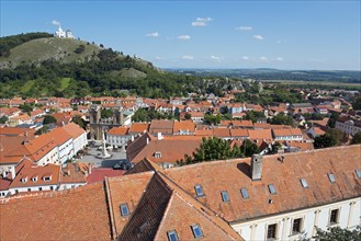 View from the border tower of the chateau to the old town and view to the Holy Mountain Svaty kopecek