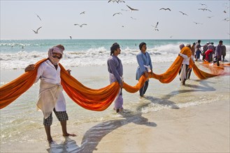Fishermen hauling in nets on the beach