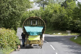 Gypsy travellers with horse drawn caravan on the A683 near Cautley