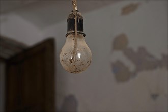 Dirty light bulb in socket hanging from the ceiling