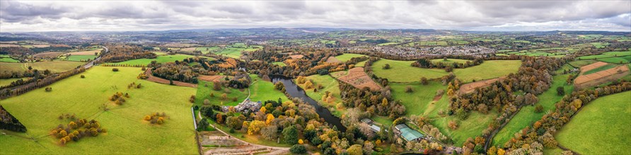 Panorama over Ugbrooke House and Gardens in the colors of fall over Devon