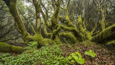 Moss-covered laurel trees in cloud forest