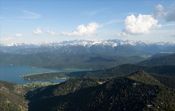 View of mountain panorama with Walchensee and Karwendel mountains