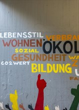 Mural painting with society-related themes on concrete wall