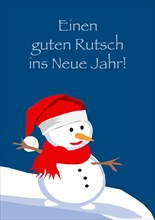 Snowman with cap and scarf slithering down mountain