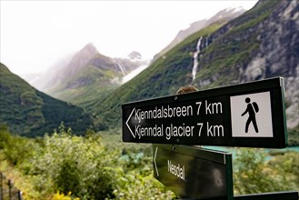 Sign at Lovatnet near Loen near the glacier Kjenndalsbreen