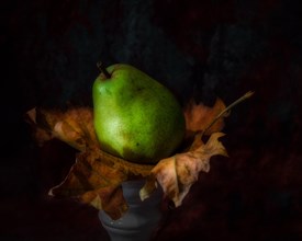 Still Life with Pear and Withered Maple Leaf