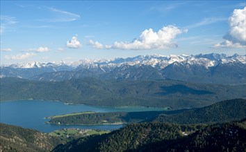 View of mountain panorama with Walchensee and Karwendel mountains