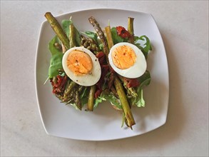 Egg salad with green asparagus and dried tomatoes on a lettuce leaf