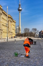 Street sweeper cleans the pavement in front of the portal at Neues Schloss