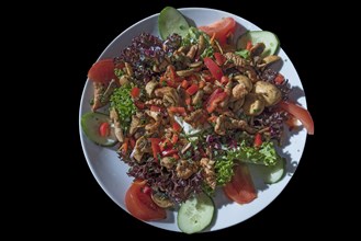 Salad with fried turkey strips and fresh mushrooms on a black base