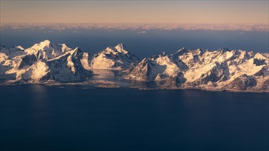 Mountains of Lofoten in winter from the air