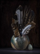Still Life with Various Feathers of Native Birds in Ceramic Vase Next to Bird's Egg