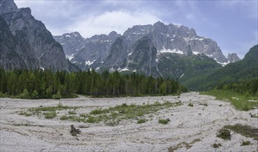 Wide gravel surface of the river in Val Saisera