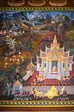 Paintings of village scenes with Buddha in Thailand