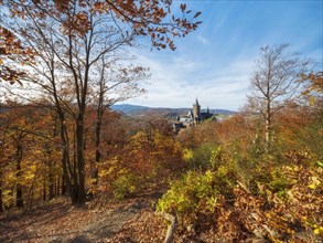 View from Agnesberg on Wernigerode Castle in autumn