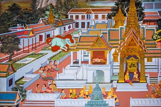 Paintings of village scenes with Buddha in Thailand