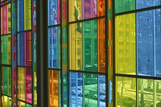 Colorful windows in the foyer of the Palais des congres de Montreal convention centre