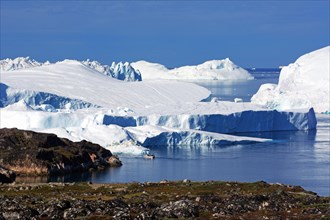 View of a bay with icebergs