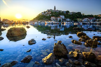 Historical village by the sea. Bay with harbour in the morning