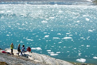 People standing in a fjord with ice and icebergs