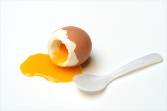 Spilled soft-boiled breakfast egg with spoon