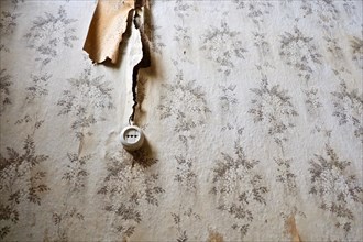 Dilapidated wall of wallpaper with floral pattern and old electrical socket