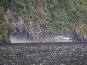 Excursion boat goes to a waterfall in Milford Sound