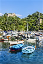 Boats and sailing yachts anchored in Portofino harbour