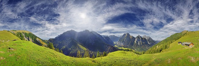 360 panorama from the Hasentalalm with view into the narrow valley to the Grosser Ahornboden and the Karwendel peaks of Sonnjoch