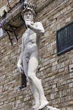 Statue David by Michelangelo in front of the Palazzo Vecchio on the Piazza della Signoria