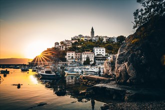 Historical village by the sea. Bay with harbour in the morning