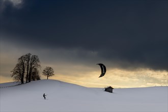 Kite surfers in winter landscape in front of dramatic sky