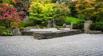 Japanese garden with gravel bed and stone formation