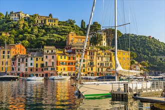 Sailing yacht anchored in the harbour of Portofino