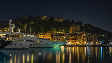 Luxury yachts and boats anchored in Portofino harbour at night in front of illuminated pastel-coloured house facades