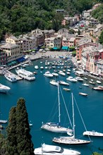 View from above on Portofino harbour with small boats