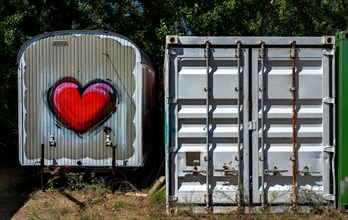 Red heart on a construction container