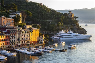 Luxury yachts and boats anchor in Portofino harbour in front of pastel-coloured house facades