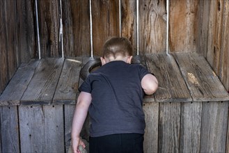 Curious toddler looks into an outhouse