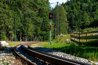 Red stop signal on a railway line in the forest