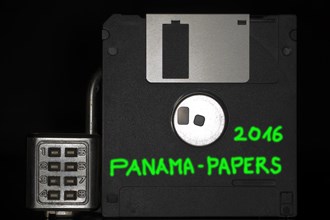 Floppy disc with padlock with the green inscription Panama Papers 2016