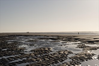 Walkers on the beach at low tide with tide pools