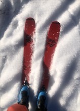 Feet with red touring skis in the snow