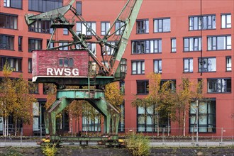 Old harbour crane in front of new building Landesarchiv North Rhine-Westphalia