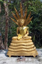 Gilded statue of meditating Buddha with stylised flames in garden of monastery