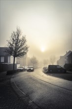 Early morning fog in a residential area with rising sun. Grevenbroich