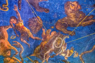 Astronomical fresco of Diana's chariot pulled by dogs between constellations